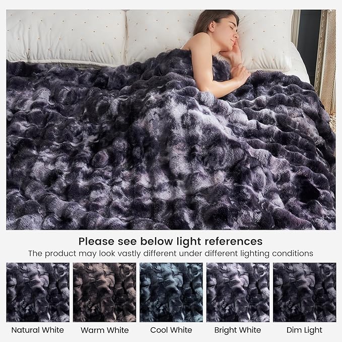 Cozy Bliss Faux Fur Throw Blanket for Bed King Size, Fuzzy Soft Plush Thick Bubble Blanket for Sofa Bedroom Living Room, 108 * 90 Inches Tie Dye Black
