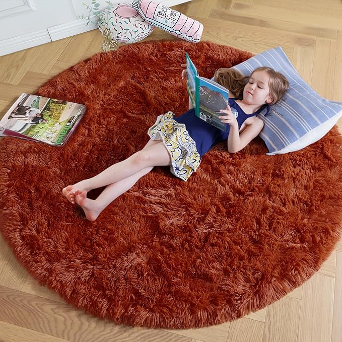 Amdrebio Terracotta Rust Round Circle Rug 6Ft for Bedroom Living Room, Fluffy Shaggy Furry Fuzzy Area Rugs for Kids Room Decor Aesthetic, Large Plush Shag Rustic Carpet for Nursery Playroom Classroom