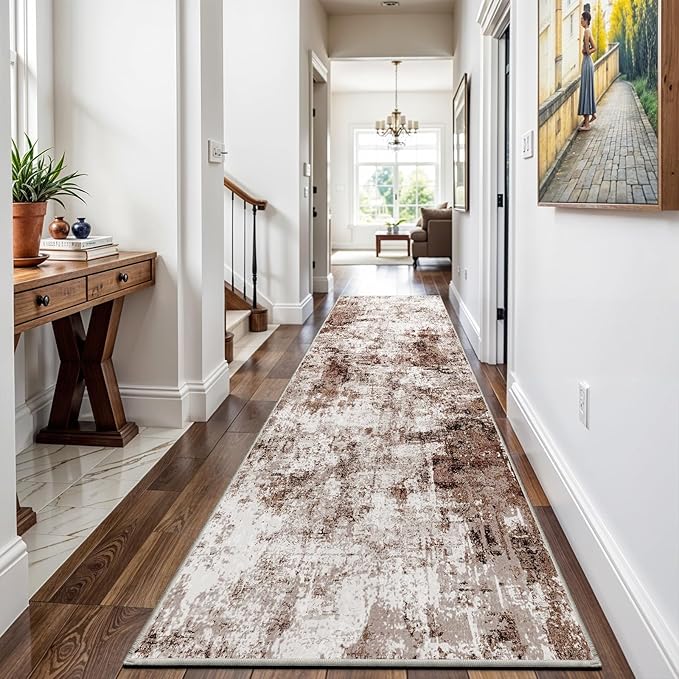 3x12 Washable Runner Rugs for Hallway: Long Abstract Runners for Entryway Bedroom - Stain and Water Resistant Rugs with Non-Slip Backing - Soft Low-Pile Carpet Brown Khaki White