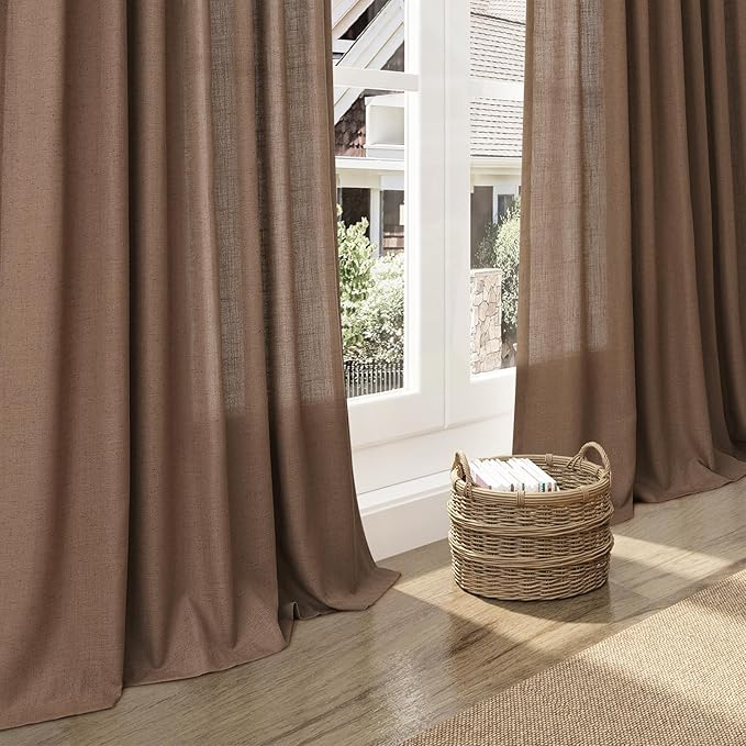 Nanspring Extra Long Caramel Brown Linen Curtains 2 Panels 102 Inches Long for Dinning Room Back Tab Light Filtering Semi Sheer Drapes Cotton Linen Textured Window Curtain 102 Inch Length for Bedroom