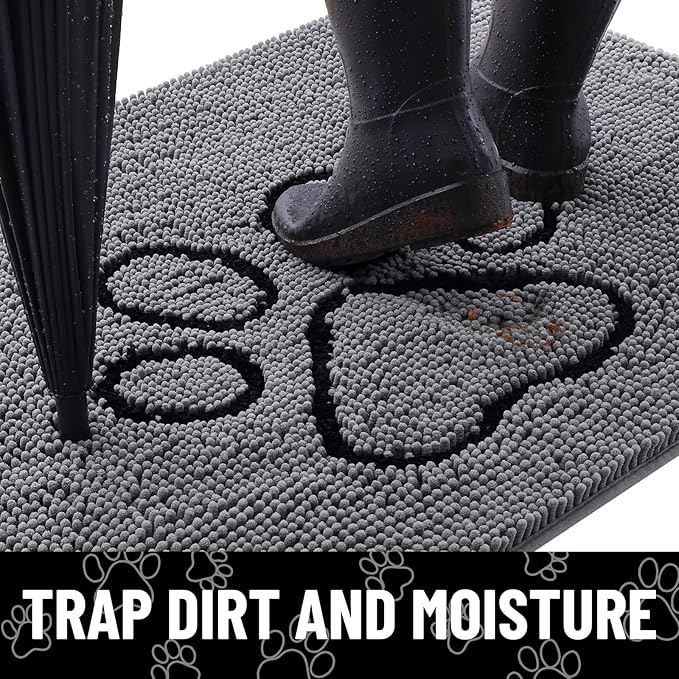 Smiry Dog Door Mat for Muddy Paws, Absorbent Dirt Trapper Non Slip Quick Dry Washable Chenille Mat for Mud Dogs, Entry Rug for Indoor and Outdoor (30x20 Inches, Dark Grey and Black)
