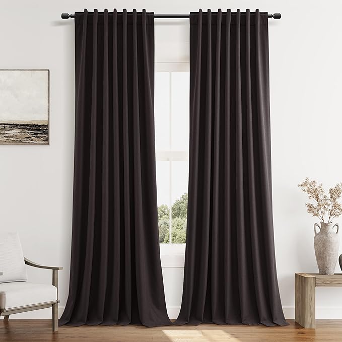 Guken Cocoa Coffee 100% Blackout Linen Curtains 96 Inch Length 2 Panels Set for Living Room Bedroom Back Tab/Rod Pocket Thermal Insulated Farmhouse Black Out Drapes Room Darkening,52x96