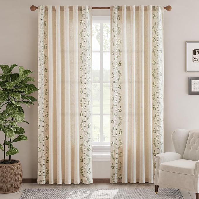 jinchan Belrose Linen Curtains for Bedroom Floral Curtains 84 Inch Length Linen Blend Sage Green Embroidered Drapes Farmhouse Flower Patterned Drapes for Living Room Window Treatments Set 2 Panels