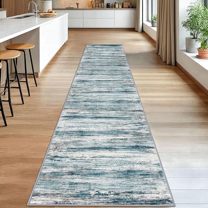 KOZYFLY Modern Abstract Hallway Runner Rug,2.6x14 Washable Rug Runner Non-Slip Soft Striped Kitchen Runner Rugs, Print Blue Carpet Runner for Entryway Bathroom Laundry Room Foyer