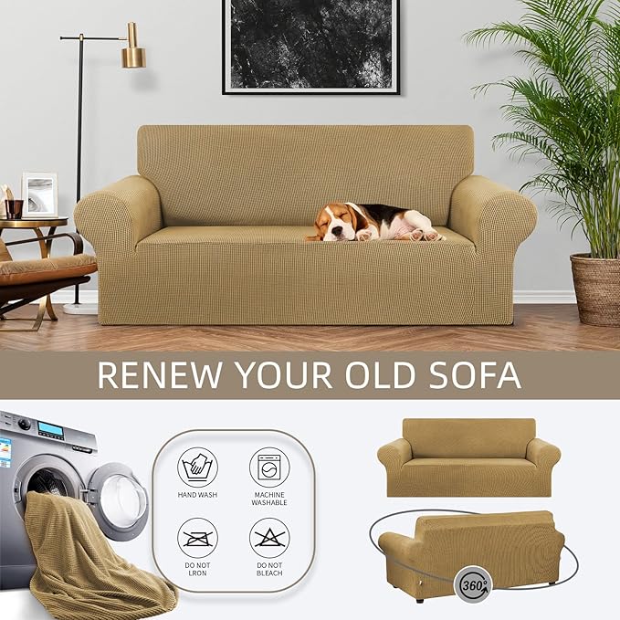 KEKUOU Stretch Loveseat Sofa Cover Slipcover,Couch Covers for 2 Cushion Couch Sofa (55"-78") Furniture Protector Sofa with Elastic Bottom for Kids,Dog. Jacquard Small Checked (Medium,Tan)