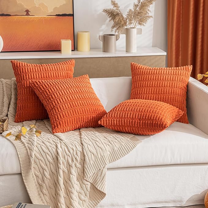 MIULEE Pack of 2 Orange Corduroy Decorative Pillow Covers 20x20 Inch Soft Boho Striped Throw Pillow Covers Modern Farmhouse Home Decor for Halloween Thanksgiving Summer Sofa Living Room Couch Bed