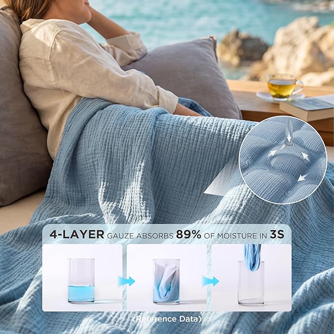 Bedsure 100% Cotton Muslin Blanket Queen Size for Bed - 4-Layer Breathable and Lightweight Thin Soft Summer Gauze Muslin Blankets for Adults, Blue, 90x90 Inches