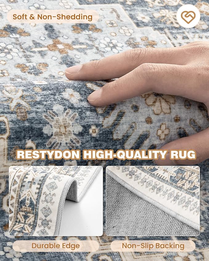 3x8 Runner Rug Non Slip Washable for Entryway, Front Porch, Vintage Hallway Runner for Laundry Room, Bedroom, Stain Resistant Thin Indoor Kitchen Mats for Floor(Blue/Beige,3'x8')