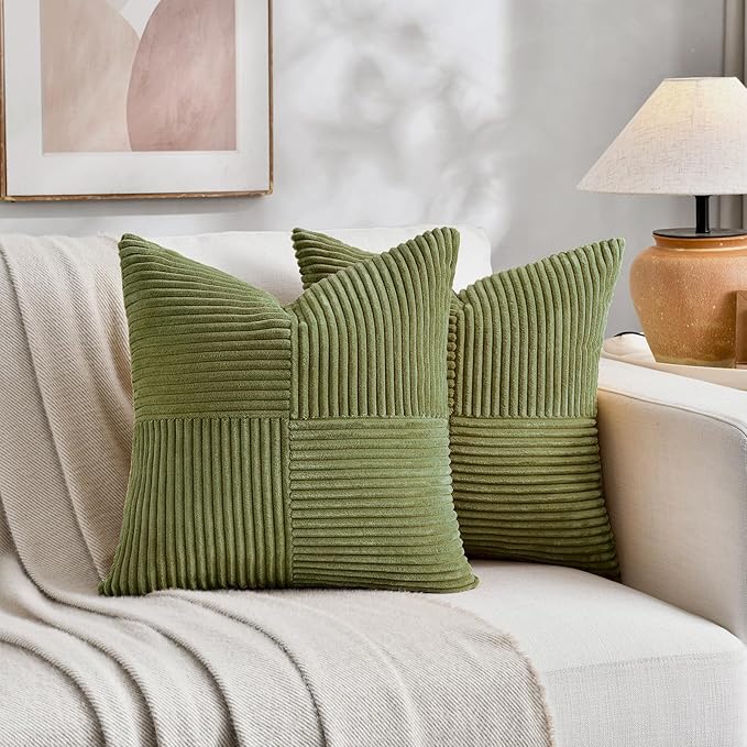 Fancy Homi 2 Packs Moss Green Samll Decorative Throw Pillow Covers 12x12 Inch with for Couch Bed Sofa, Rustic Farmhouse Boho Home Decor, Soft Corss Patchwork Corduroy Square Cushion Case 30x30 cm