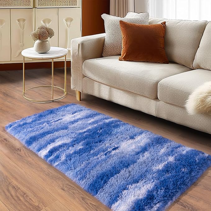 Soft Runner Rugs for Bedroom Hallways, 2x4 Abstract Blue White Fluffy Shag Throw Area Rug Non Slip for Bedside Dorm, Long Shaggy Furry Carpet for Nursery Living Room