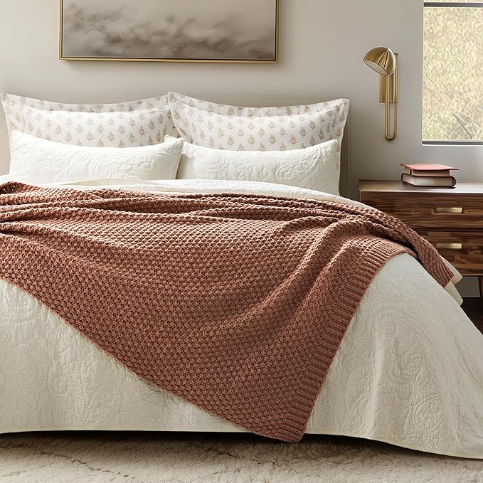 EVERGRACEHOME Chunky Chenille Knit Throw Blanket for Couch, Soft Luxurious Moss Stitch Blankets for Bed, Cozy Decorative Farmhouse Knitted Throws for Sofa, Terracotta Clay, 60" x 80"