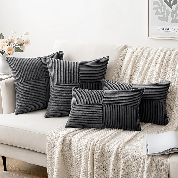 MIULEE Grey Decorative Throw Pillow Covers 20x20 Inch for Couch Bed Sofa Pack of 2 Boho Farmhouse Throw Pillows Soft Cross Corduroy Patchwork Textured Cushion Cases