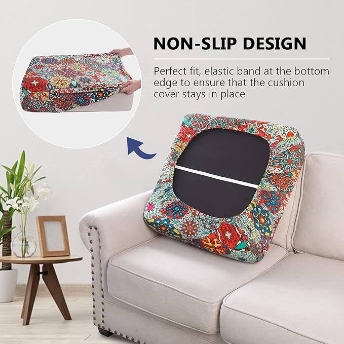 hyha Printed Couch Cushion Covers, Floral Sofa Covers Washable for 2 Cushion Couch, Stretch Pattern Outdoor Cushion Covers for Patio Furniture with Elastic Bottom(Medium, Diamond Mandala)