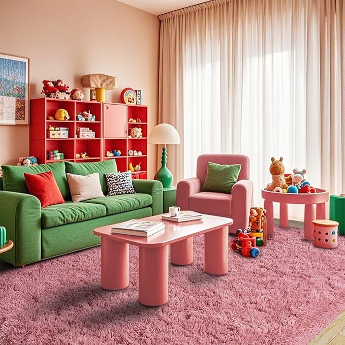 Pionblank 8x10 Rug for Living Room, Fuzzy Plush Large Area Rug, Fluffy Modern Shag Non Slip Soft Furry Carpet for Bedroom Kids Room Nursery Teens Dorm Home Decor, Blush