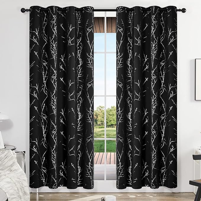 Deconovo Black Blackout Curtains, Thermal Insulated Soundproof Privacy Curtain Drapes, Branch Foil Print, 52 x 84 Inch Long, 2 Panels, Machine‑Washable Window Panel for Bedroom Living Room Office Home
