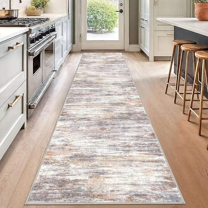 KOZYFLY Modern Abstract Washable Rug Runner 2.6x12 Hallway Rug Runner Non-Slip Soft Kitchen Runner Rugs, Multi Grey/Orange Striped Carpet for Entryway Bathroom