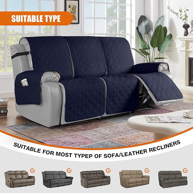 VANSOFY Waterproof Recliner Couch Covers, Sofa Covers 1-Piece Washable Reclining Sofa Cover Non-Slip Furniture Protector with Elastic Straps Pocket for Dogs, Pets(Dark Blue,3 Seater)