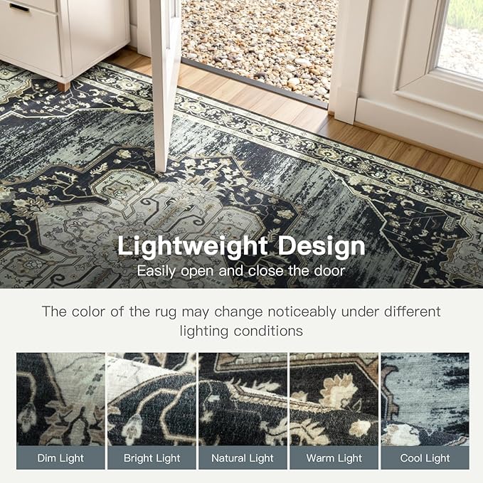 Lofus 5x7 Washable Area Rug, Vintage Floral Rugs for Living Room, Bedroom, Dinning Room, Low Pile Large Area Rugs with Non-Slip Backing, Flower Print Pattern, Black Brown