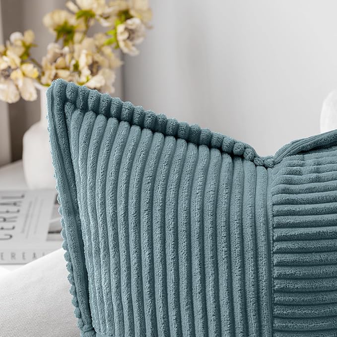 MIULEE Decorative Throw Pillow Covers for Couch Bed Livingroom 18x18 Inch Set of 2 Dusty Blue Boho Accent Throw Pllows Broadside Striped Patchwork Soft Corduroy Summer Coastal Pillowcases