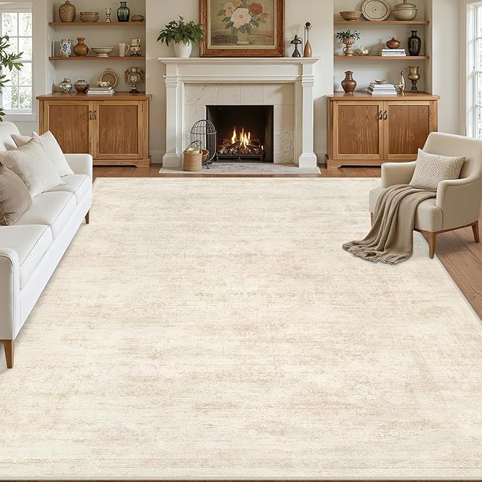8x10 Area Rugs for Living Room: Vintage Boho Neutral Washable Rug Indoor Soft Large Area Rug Carpet for Bedroom Nursery Farmhouse Dining Room Office Floor Non-Slip Low Pile Under Table Rug Retro Beige