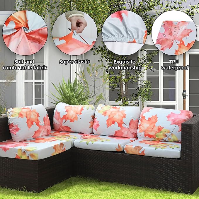 8Pcs Outdoor Cushion Covers, Patio Cushion Covers,Stretch Elastic Slipcovers, Replacement Washable & Reusable Furniture Protector for Patio Couch (Red and Yellow Maple-Pattern,Cover Only)