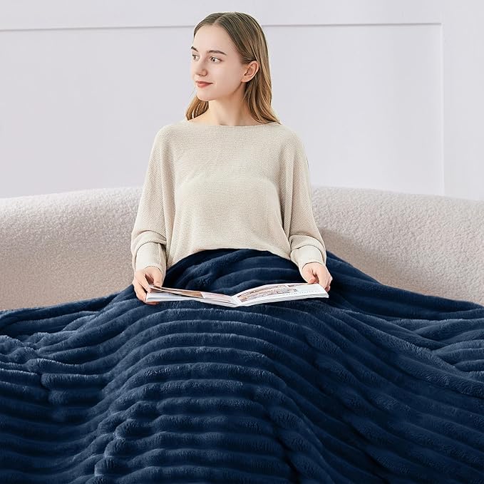 BEDELITE Blankets Queen Size for Bed, 300GSM Soft & Warm Fleece Blanket, Decorative and Giftable Striped Navy Blankets for Women, Men, 90"x90"