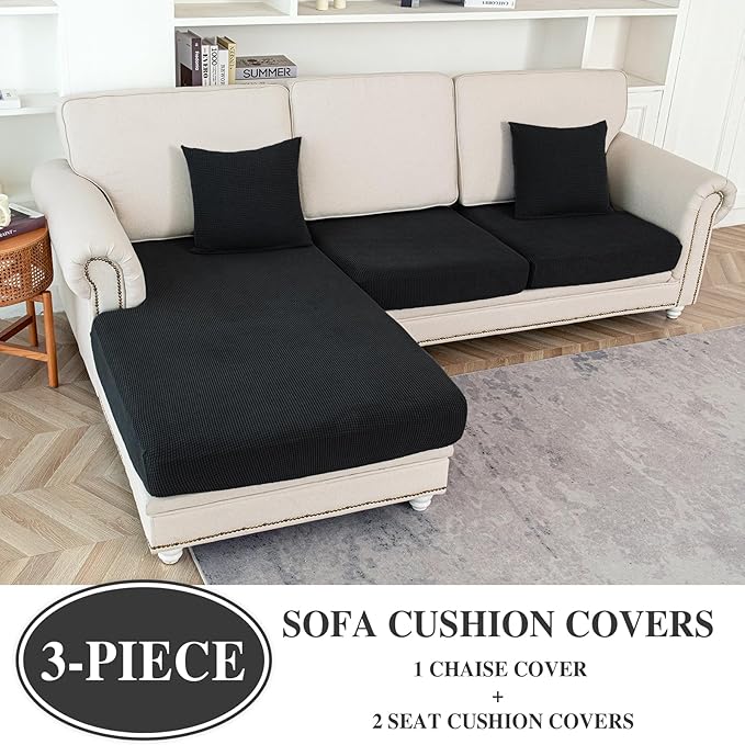 Couch Cushion Covers for Sectional Sofa L Shape Washable Separate Seat Chaise Couch Cover Stretch Sofa Slipcovers with 2 Pcs Pillowcases(2 Seater + 1 Chaise, Black)