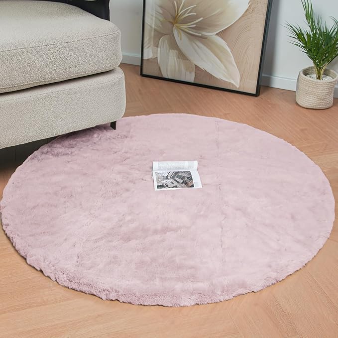 ORINOVA Pink Boho Faux Rabbit Fluffy Fur Rugs for Bedroom Shag Circle Washable Area Rugs for Living Room Nursery Round Rug 4ft