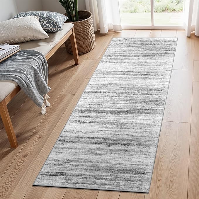 2x5 Washable Runner Rug for Family: Easy-to-Clean Runners for Hallway Entryway Bedroom - Stain and Water Resistant Rugs with Non-Slip Backing - Soft Low-Pile Carpet Grey
