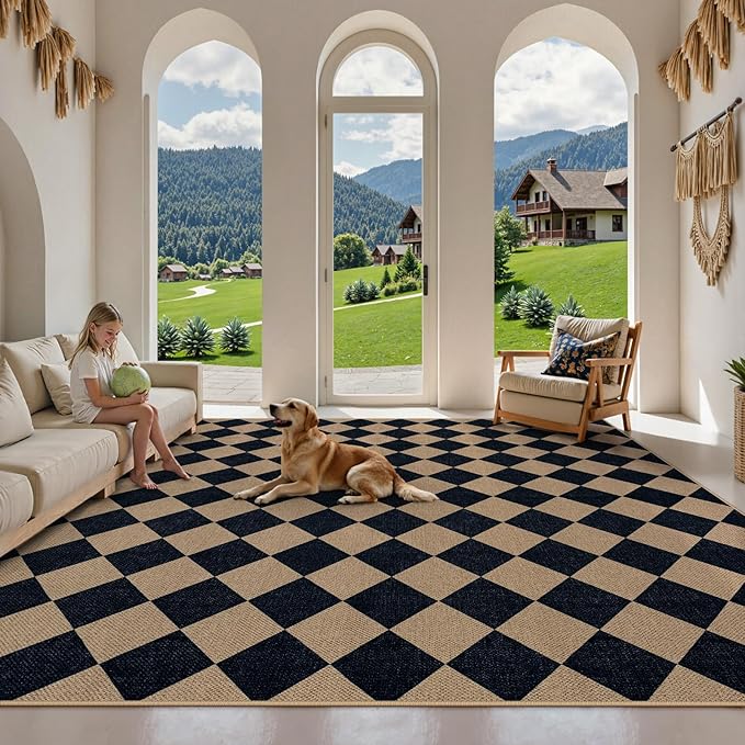 Lahome Colette Checkered Easy Jute Carpet, Washable 8x10 Rugs for Living Room Outdoor Patio Rugs, Farmhouse Neutral Non Slip Stain Resistance Floor Carpet for Office Backyard Sunroom