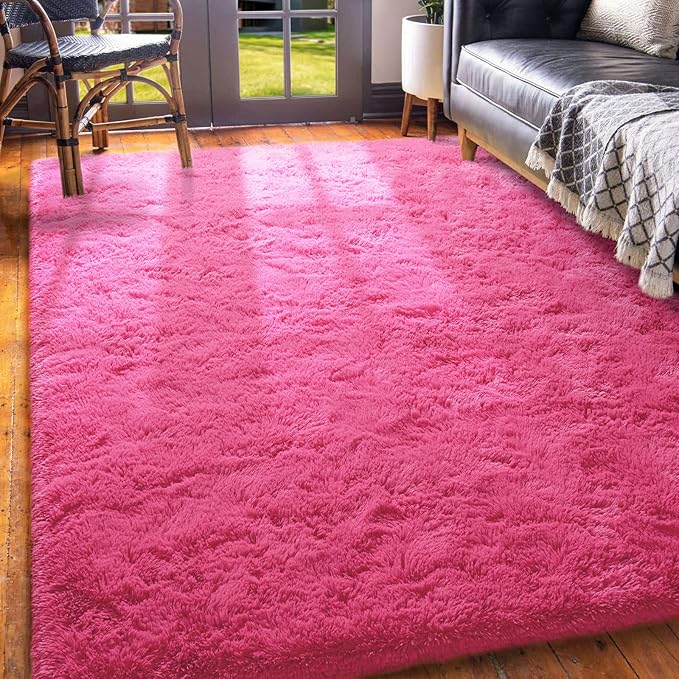 Amearea Shag Fluffy Area Rug for Bedroom Girls Living Room, Extra Soft and Fuzzy Shaggy Rugs, Non Slip, Solid Color Carpet Mat for Boys Nursery Home, Hot Pink 6x9 Feet