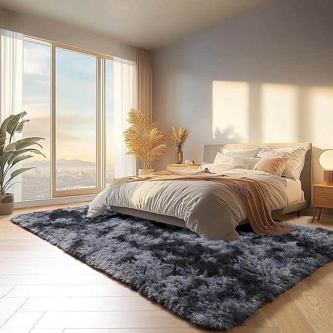 ONASAR Rugs for Living Room Bedroom, 5x8 Fluffy Tie-Dyed Dark Grey Bedside Area Rug, Soft Plush Shaggy Floor Carpet for Nursery Kids Girls Boys Teen Dorm Home Office Decor Aesthetic