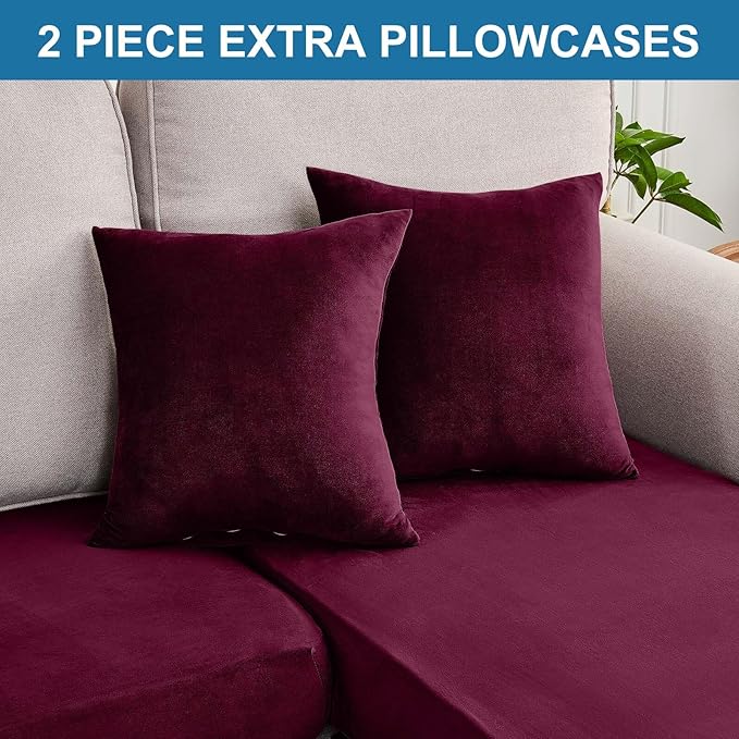 Couch Cover 6-Piece Elastic Velvet Couch Cushion Covers & Chaise Slipcovers for L-Shaped Sofas, Sofa Seat Covers Washable, Soft Cover for Couches (5 Seater + Chaise, Wine)