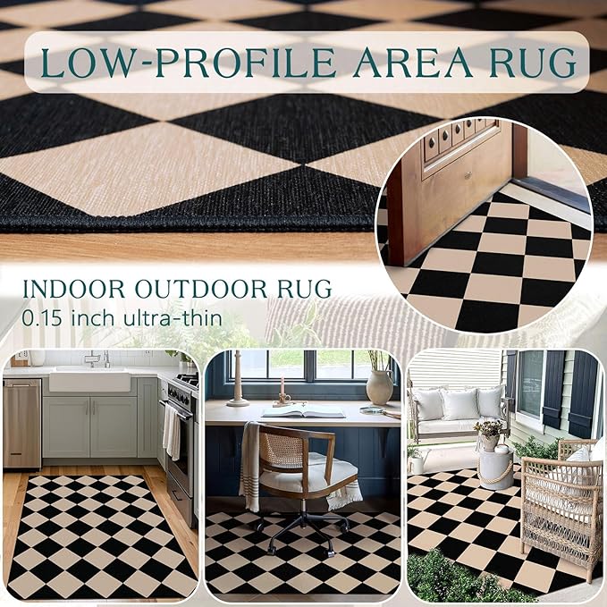 Black Tan Checkered Entry Rug - 3x5 Ft Non-Slip Washable Indoor Outdoor Front Door Mat Porch Rug Geometric Diamond Throw Carpet for Living Room Bedroom Entryway Kitchen Office Porch Decor