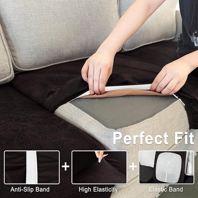 Leather Look Couch Cushion Covers Sofa Seat Slipcovers Sets Couches Furniture Protector for Sectional Armchair Loveseat Pets Kids Stretch Spandex Fabric (3 Cushion XL Sofa, Chocolate)