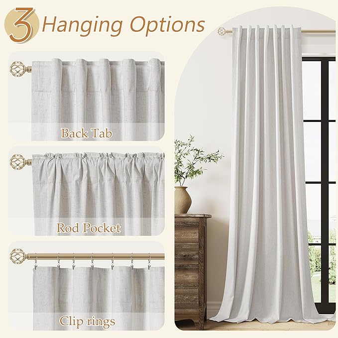 Guken Natural Linen 100% Blackout Curtains 96 Inches Long Floor to Ceiling Drapes for Living Room, Rustic Farmhouse Room Darkening Winter Thermal Insulated Black Out Sliding Barn Door Curtain, 52x96