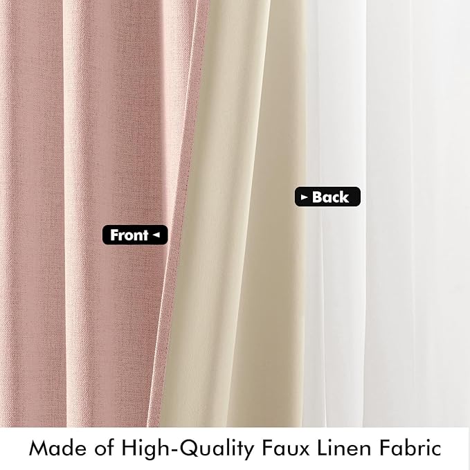 MIULEE 100% Blackout Linen Curtains for Bedroom, Blush Pink Solid Luxury Decor Thermal Insulation Room Darkening Drapes for Living Room Nursery Back Tab Rod Pocket 42 x 90 Inches, 2 Panels