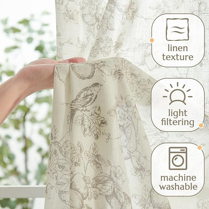 jinchan Linen Floral Curtains for Living Room 84 Inch Length Taupe Printed Flower French Country Curtain Farmhouse Cottage Core Toile Curtains Back Tab Light Filtering Window Drapes Set 2 Panels