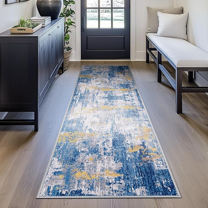 Washable Area Rugs 2'x10' Non-Slip Modern Abstract Soft for Living Room Entryway Bedroom Nursery, Print Pattern, Grey Blue Gold/Golden