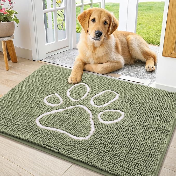 Smiry Dog Door Mat for Muddy Paws, Absorbent Dirt Trapper Non Slip Quick Dry Washable Chenille Mat for Mud Dogs, Entry Rug for Indoor and Outdoor (36x24 Inches, Sage Green and White)