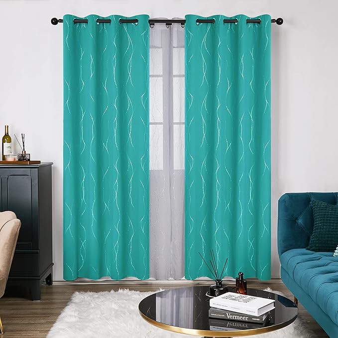 Deconovo Blackout Curtains for Living Room, Thermal Insulated Soundproof Drapes with Wave Dot Foil Print, 52 x 95 Inch, Set of 2, Machine Washable Window Curtain for Bedroom Sliding Door, Turquoise