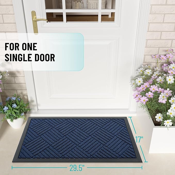 OLANLY Front Door Mat Outside Entrance 29.5x17, Absorbent, Heavy Duty Sturdy Natural Rubber Doormat Indoor Outdoor, Stain Fade Resistant, Non-Slip Low Profile Floor Mat for Entryway, Navy Blue Diamond
