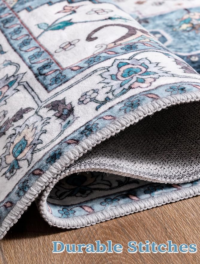 SERISSA Boho Washable Runner Rug, 2'6"x10' Long Non-Slip Vintage Blue Hallway Kitchen Stair Runner Rug Ultra Soft Print Distressed Floor Carpet for Bedroom Bathroom Laundry Room
