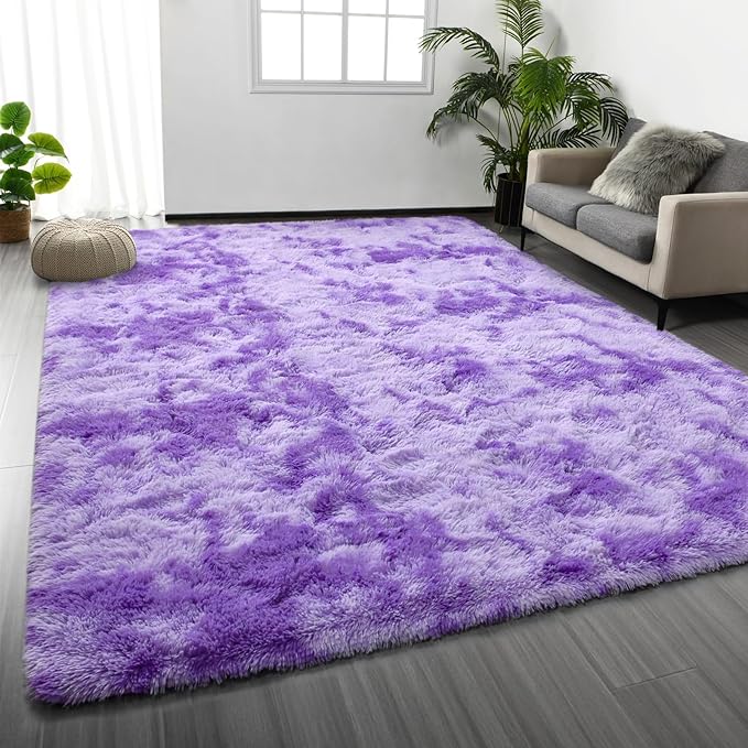 Deerhoo Soft Modern Shaggy Fluffy Carpets for Living Room Bedroom Girls Room Nursery Home Decor, 4 X 6 Tie-Dyed Plush Fuzzy Rugs, Indoor Carpet Shag Area Rug for Kids Room, Purple
