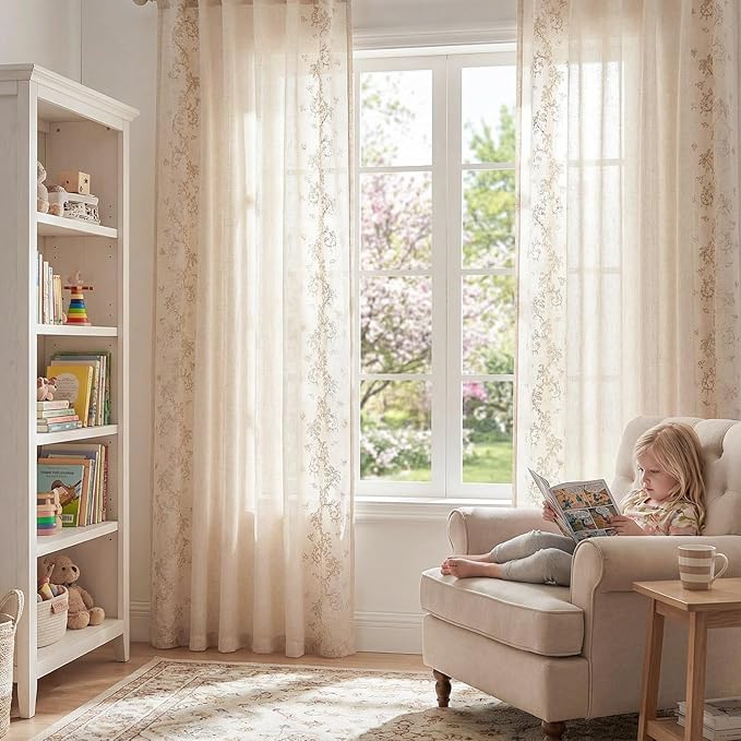 jinchan Evelyn Embroidered Linen Curtains for Living Room Farmhouse Floral Curtains for Bedroom Semi Sheer Light Filtering Window Drapes Rod Pocket Back Tab 2 Panels W50 x L96 Beige