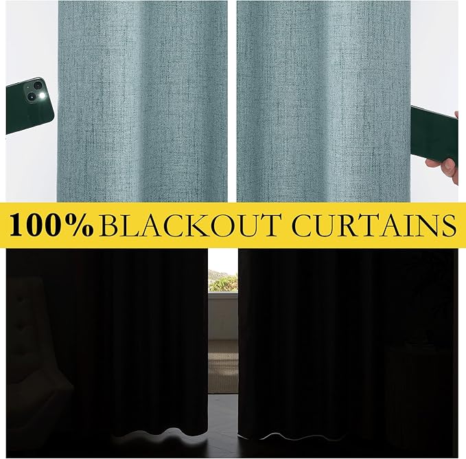 NICETOWN 100% Absolutely Blackout Linen Curtains with Thermal Insulated Liner, Skylark Blue, 42" Wide, 54" Length Energy Saving Curtains for Dining Room 2 Panels Set, Vertical Blinds