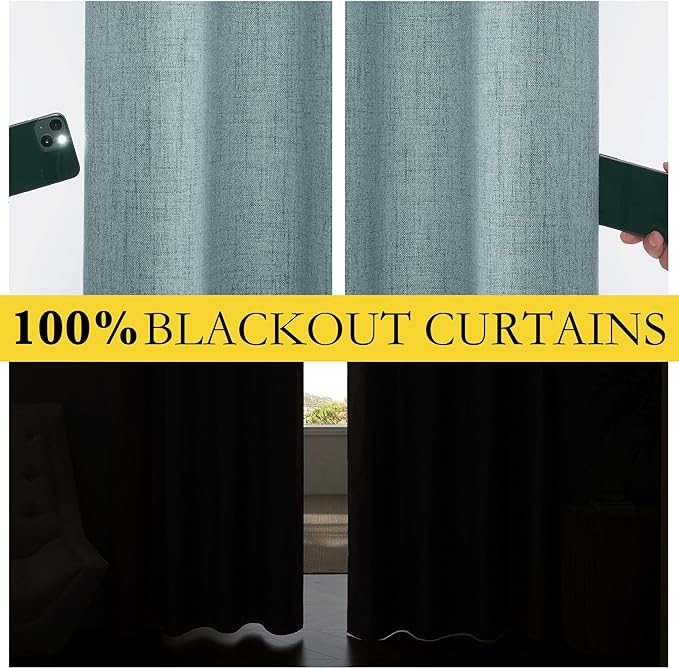 NICETOWN 100% Absolutely Blackout Linen Curtains with Thermal Insulated White Liner, Skylark Blue, 52 inches Wide, 72 inches Length Energy Saving Curtains for Living Room 2 Panels Set, Vertical Blinds