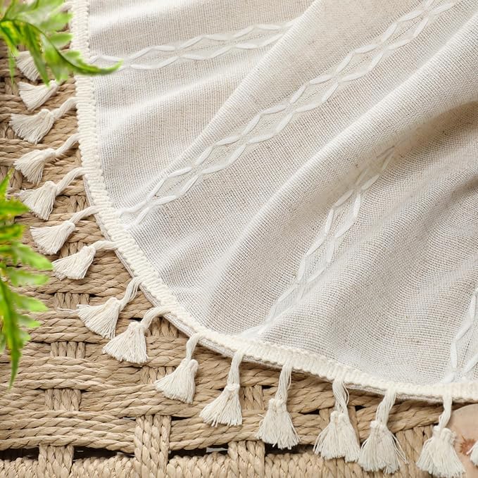 Boho 80% Blackout Curtains with Gray Liner 84 Inches Long 2 Panels Set, Beige Linen Blend Drapes with Tassels and Cotton Embroidered for Living Room Bedroom