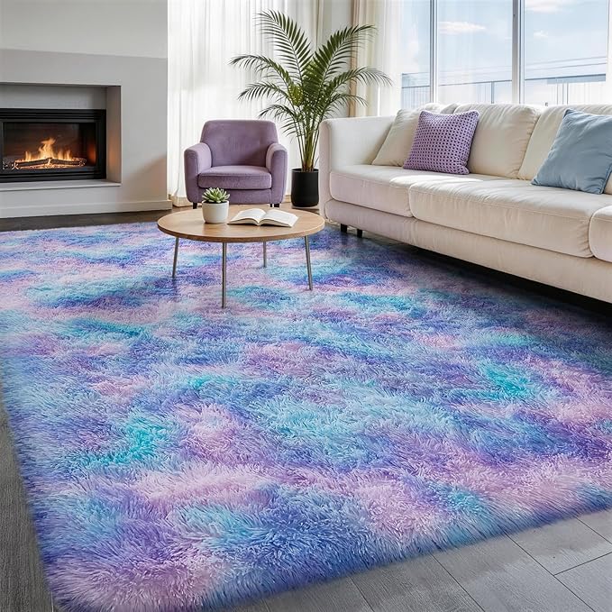 Ophanie Rainbow Purple Rug for Bedroom Girls, Unicorn Colorful Mermaid Fluffy Soft Cute Fuzzy Area Rugs, Shag Plush Shaggy 4x6 Furry Carpet for Kids Baby Teen Dorm Nursery Home Decor Aesthetic