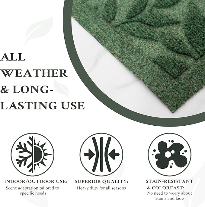 Green Leaves Outdoor Indoor Entrance Door mat, Absorbent Durable Heavy Duty Welcome Front Door Mat,Thick Natural Rubber Back,Easy Clean Entryway Mat 47x32 Inch, Low Profile